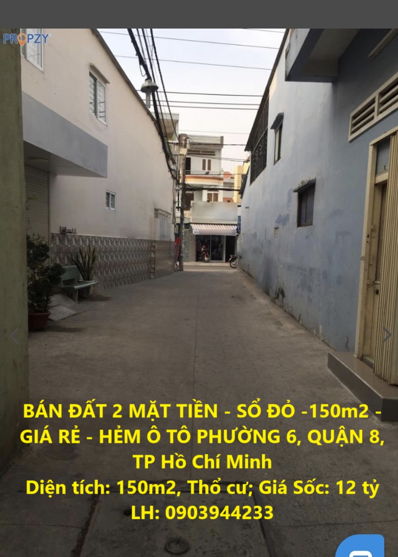 BÁN ĐẤT 2 MẶT TIỀN - SỔ ĐỎ -150m2 - GIÁ RẺ - HẺM Ô TÔ PHƯỜNG 6, QUẬN 8, TP Hồ Chí Minh - Ảnh chính